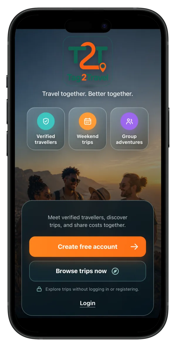 Tag2Travel welcome screen highlighting verified travellers and group adventures