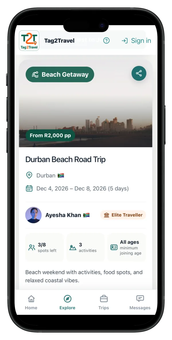 Tag2Travel trip card for a Durban beach road trip with host, price, and trip details