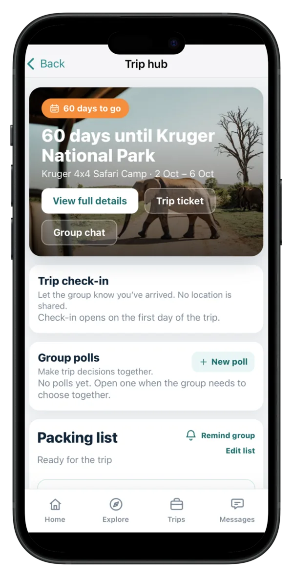 Tag2Travel trip hub with a countdown, check-in, group polls, and packing list